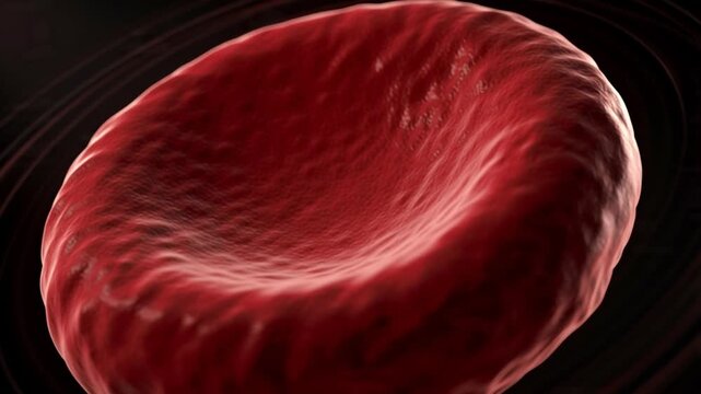 Red cg blood cells rotating in a dark microscopic environment
