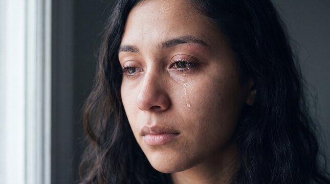 Woman Crying With Single Tear Emotional Close Up Portrait