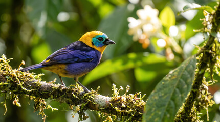 Fototapeta premium Side View of Golden Tanager with Vivid Blue and Yellow Plumage on Branch