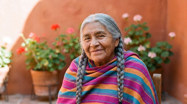Mexican Grandmother Wrapped in Rebozo Shawl Warm Portrait