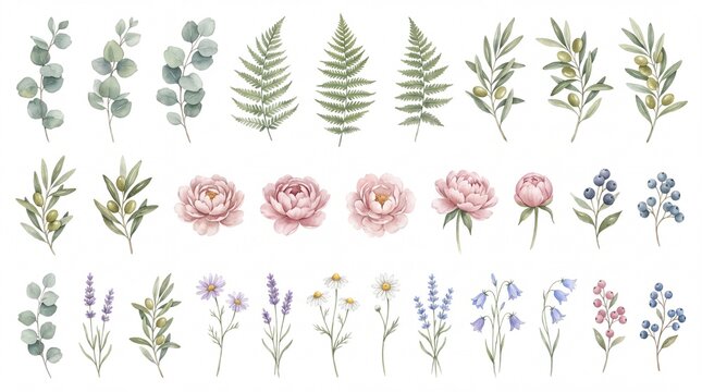 Watercolor Botanical Elements Set Isolated on White