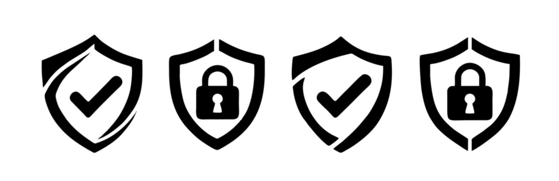 Shield check mark, security lock or security shield icon set, protection icon with tick symbol. stock vector illustration element