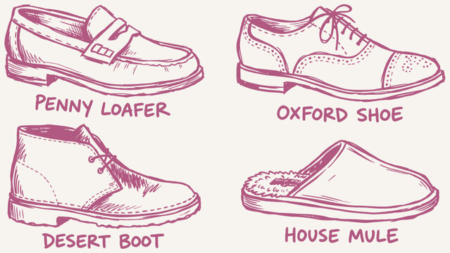 Hand drawn footwear collection showing a classic penny loafer, an oxford shoe, a desert boot, and a lined house mule with labels underneath them