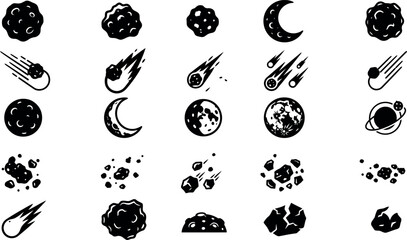 Asteroid, Meteor and Moon Silhouette Vector Icon Set with Comets and Space Debris    © MirzaAsmaul