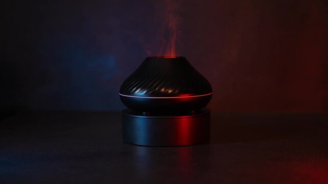 Black ultrasonic humidifier rotating 360 degrees on a dark pedestal. Soft red and blue atmospheric lighting highlights its sleek rounded design in a minimalist studio setting.