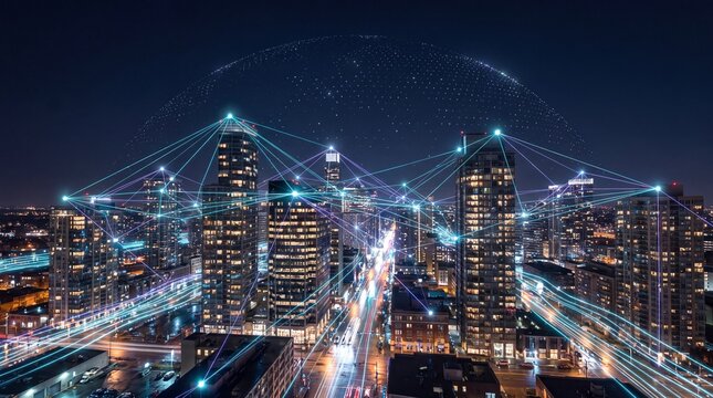Smart City Skyline at Night With Glowing Data Network Lines