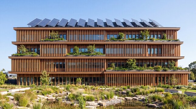 Sustainable Office Building With Solar Roof and Timber Facade
