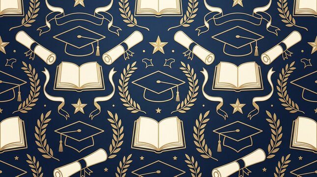 Graduation seamless pattern with gold academic caps and diplomas on
