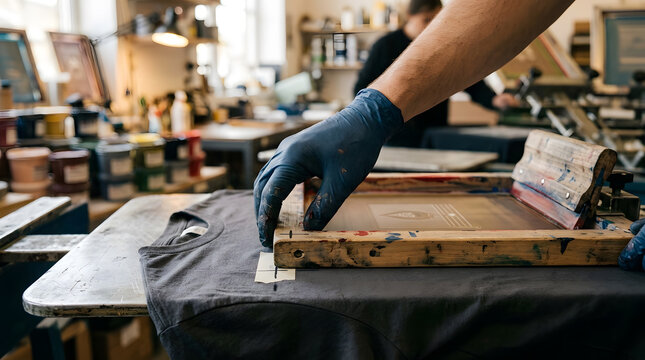 Screen printing artisan wearing protective gloves aligning wooden frame on dark t shirt in local workshop studio, professional textile custom print manufacturing process, authentic commercial