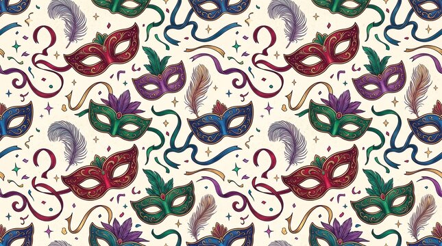 Mardi Gras carnival masks seamless pattern with feathers and ribbons