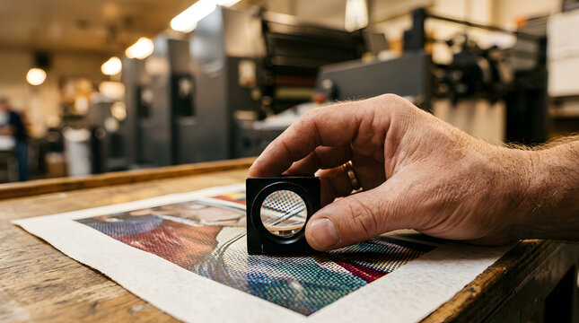 Printing inspection using a magnifying glass loupe to check cmyk offset color dots quality in a professional print shop factory workshop environment, authentic documentary photography
