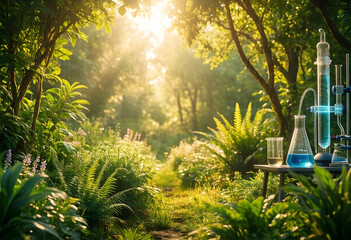 Naklejka premium Biotechnology and sustainable science, laboratory glassware with blue liquid in a lush green forest with natural sunlight for environmental research