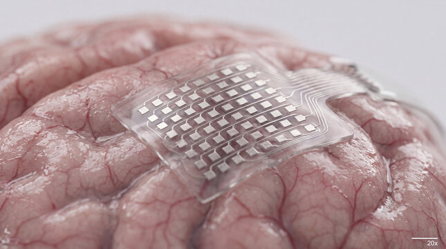 Transparent flexible electrode grid resting on pink brain tissue close-up