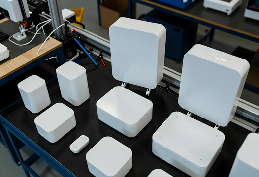 Manufacturing and industrial design, white plastic electronic device prototypes on a workbench in a product development laboratory for tech innovation