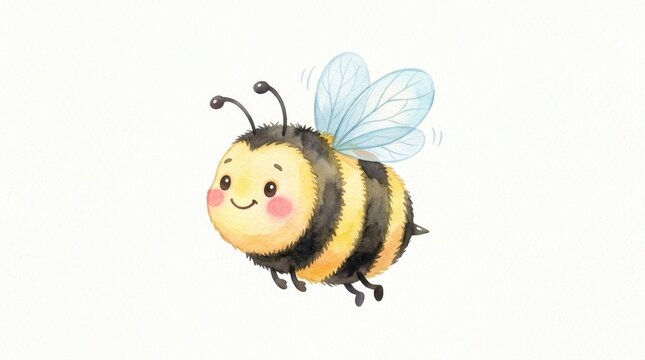 Adorable watercolor illustration of a cute cartoon bee with black and yellow stripes, translucent blue wings, and a happy smiling face, cheerfully flying against a clean white background, ideal for ch