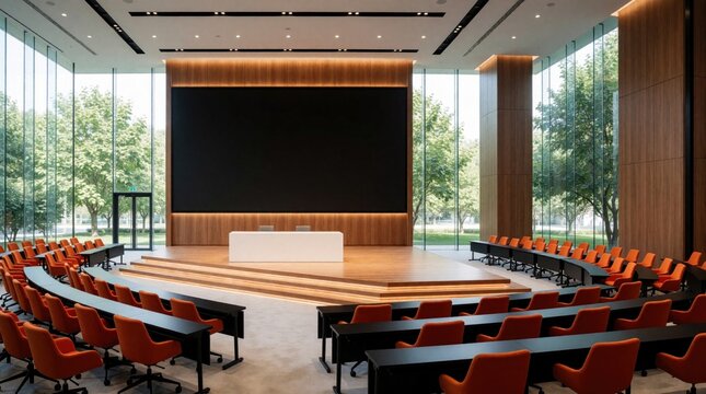 Modern conference hall features large empty stage with big black screen. Minimalist interior design includes orange chairs, long black tables in curved rows. Floor to ceiling windows show green