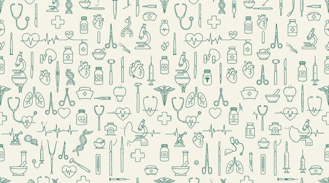 Medical instruments seamless pattern with healthcare icons on light