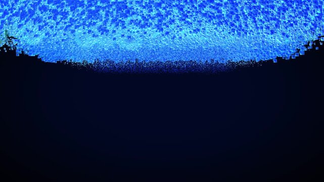 Glowing blue square particles drift across the top of the frame above a dark navy void, an abstract animated backdrop with wide empty copy space below for text