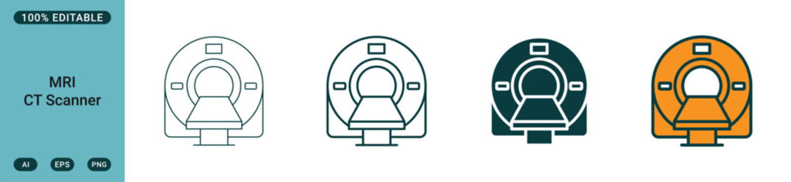 Mri and ct scanner icons in different styles, medical diagnostic imaging equipment for hospital and healthcare vector illustration web icon set in linear style