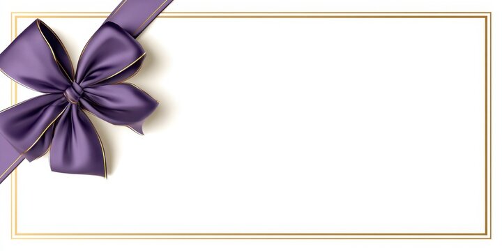 Gold border template, purple ribbon bow, textured paper surface. Blank central panel for message. Sheen frame, elegant luxury wedding invitation white layout. Voucher, gift card festive use. Goal list
