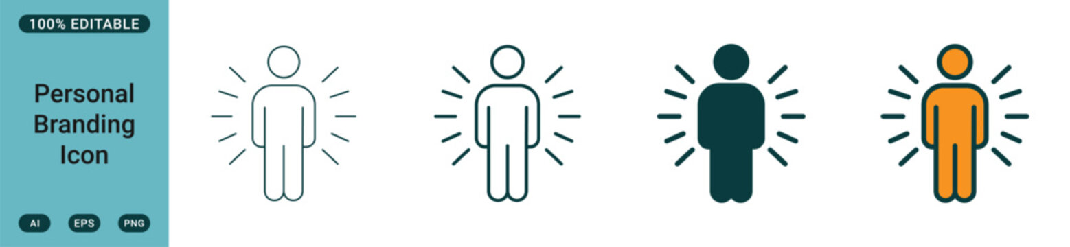 Personal branding icon set, featuring a stylized human figure with radiating lines representing individual identity and professional presence web icon set in linear style