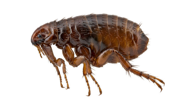 Macro side view of a brown flea isolated on a transparent background