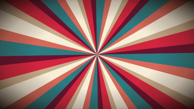 Rotating sunburst rays feature retro red teal cream colors. vintage radial pattern loops with nostalgic pop art style.