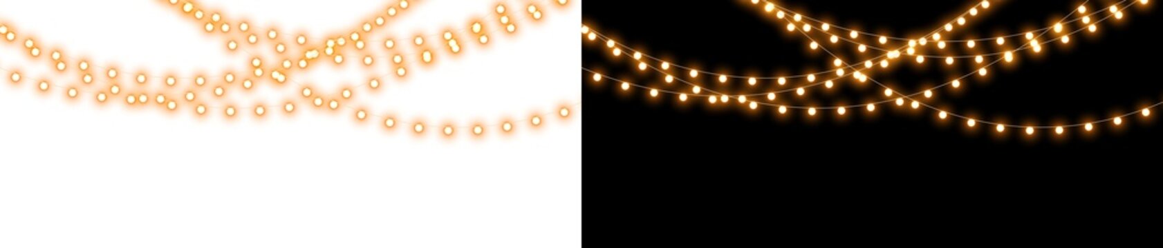 Elegant string lights overlay on black and white backgrounds, glowing warm garland creating festive atmosphere for Christmas decoration and celebration projects.
