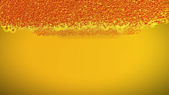 Golden yellow liquid with dense orange fizz bubbles gathered at top, animated beer or soda style backdrop with wide blank copy space below for text and ads