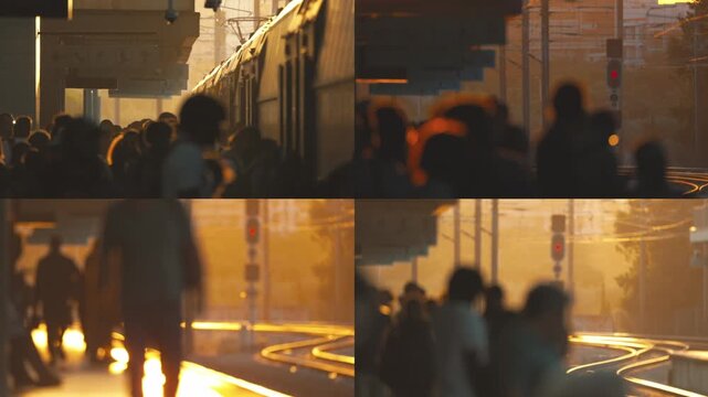 Commuters waiting for a train on a platform at sunset