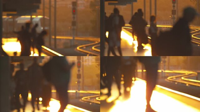 People silhouettes walking on a train station platform at sunset