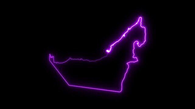 Neon glowing map outline of united arab emirates, uae country border silhouette, digital technology concept, futuristic light effect on black background