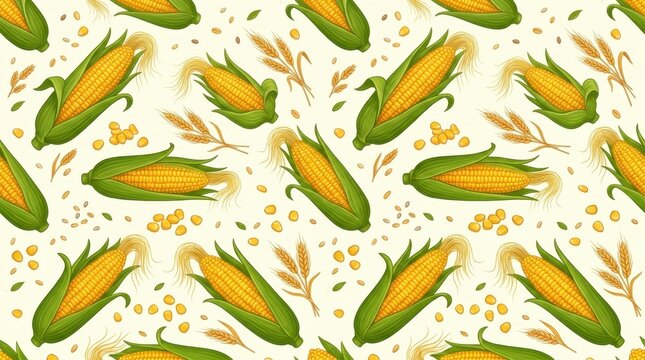Seamless pattern featuring multiple ripe yellow corn cobs with visible green husks, scattered individual corn kernels, and several stalks of wheat, all arranged on a light cream background, creating a
