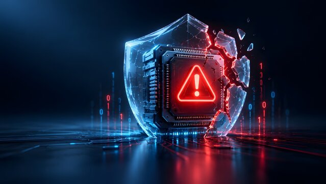 Broken Glass Shield Protecting Microchip Processor With Red Warning Sign Depicting Hardware Vulnerability And Cyber Attack