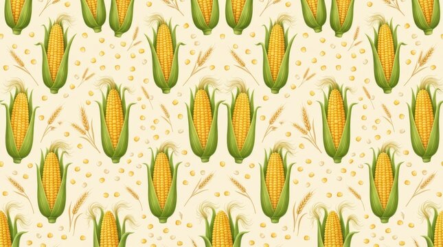Yellow corn cobs in green husks, forming a seamless pattern on a light beige background, adorned with golden wheat stalks and scattered corn kernels, illustrating a bountiful harvest and rustic agricu