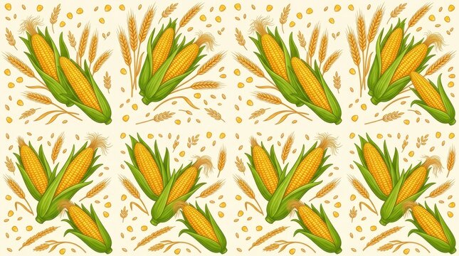 Vibrant hand-drawn seamless pattern featuring golden corn cobs with green husks, interspersed with golden wheat stalks, scattered corn kernels, and wheat grains on a cream background, representing har