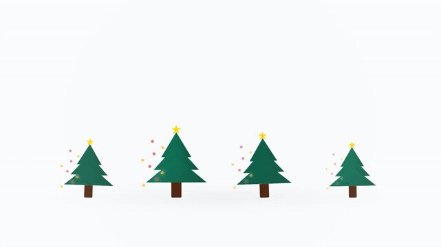 A festive animation of pine trees adorned with stars and confetti against a pristine white background.