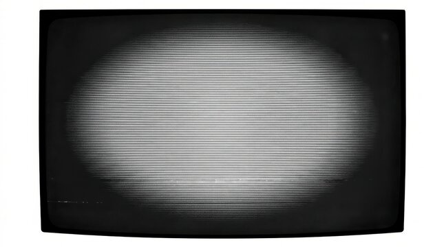 Retro cathode ray tube (CRT) monitor screen showcasing classic horizontal static interference lines and a bright central circular distortion, isolated composition on a clean white background, represen