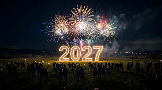 Vibrant fireworks illuminate night sky above glowing numbers representing the upcoming year twenty twenty seven with joyful crowd celebrating outdoors