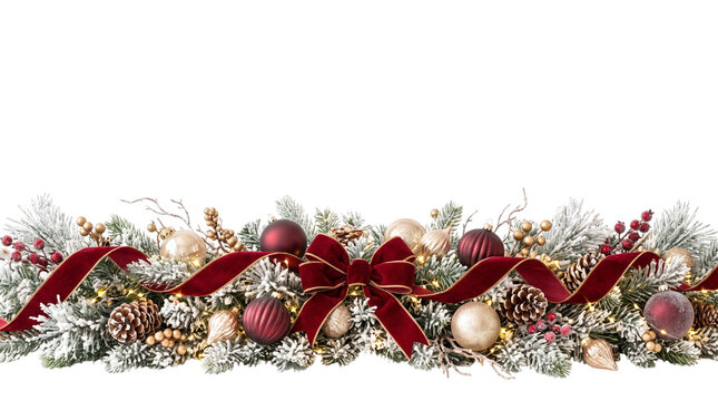 Festive Christmas garland decorated with frosted pine branches shimmering fairy lights elegant burgundy velvet ribbons golden baubles and pinecones isolated on transparent background