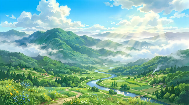 Scenic mountain landscape with winding road and fluffy clouds on a bright day