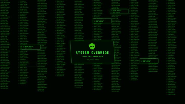 Digital binary code falling with system override hacking alerts