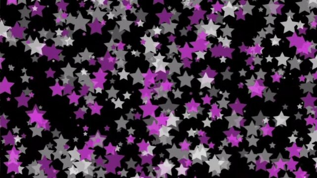Pink, white and gray star confetti falling on black background, festive star shaped celebration overlay