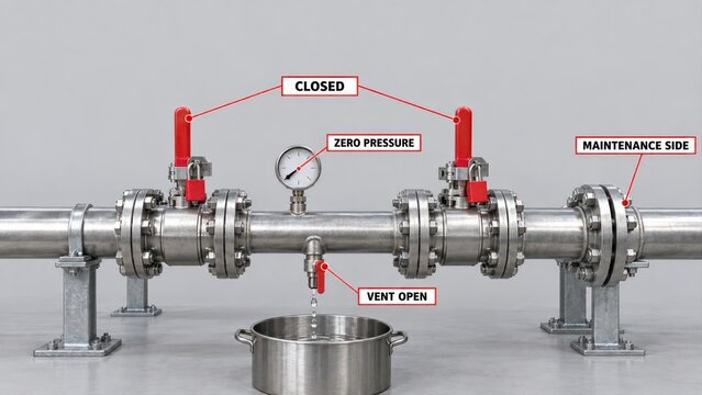 Double block and bleed pipe isolation with locked valves and open vent for safe maintenance