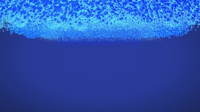 Blue square pixel particles cascading across the top of a deep navy gradient backdrop, animated abstract motion background with wide empty copy space below