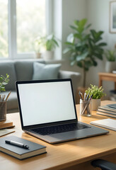 Fototapeta premium Remote work and digital nomad lifestyle, laptop with blank screen on home office desk for freelance business and online education with natural light
