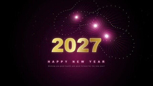 Gold 2027 New Year Text with Pink Lights and Dotted Orbits