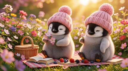Obraz premium Two cute fluffy baby penguins wear pink knitted pom pom hats. Sit on picnic blanket with basket, books, berries in blooming spring garden. Adorable birds enjoy sunny outdoor snacks near colorful