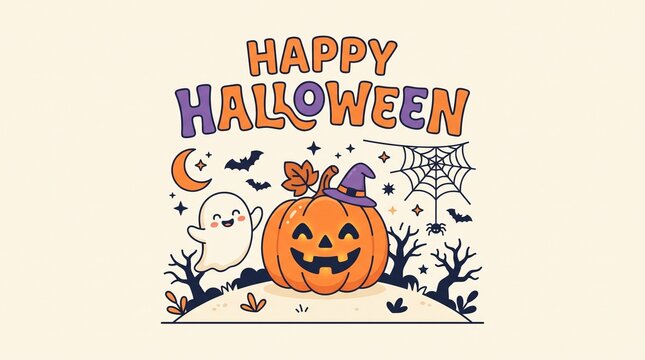 Cute Happy Halloween Pumpkin and Ghost Illustration