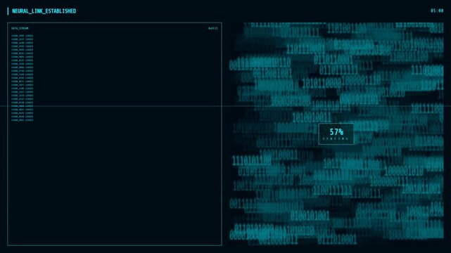 Futuristic digital interface displaying binary code and system status